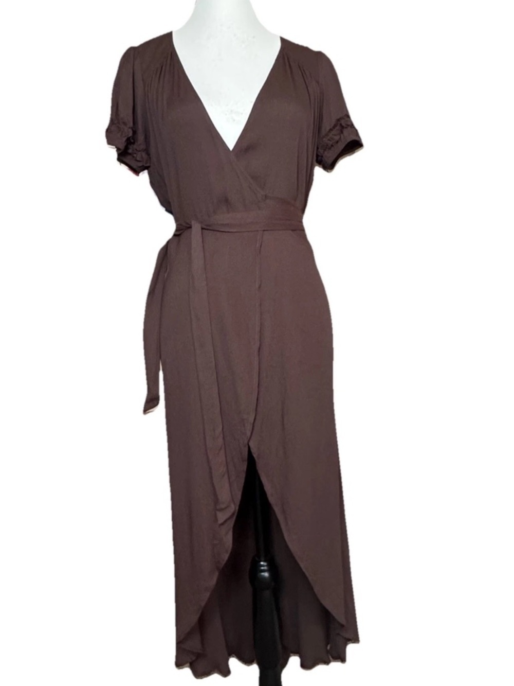 Reformation Carina Wrap Midi Dress XS Brown High Low Ruffle Sleeve V-Neck Crepe